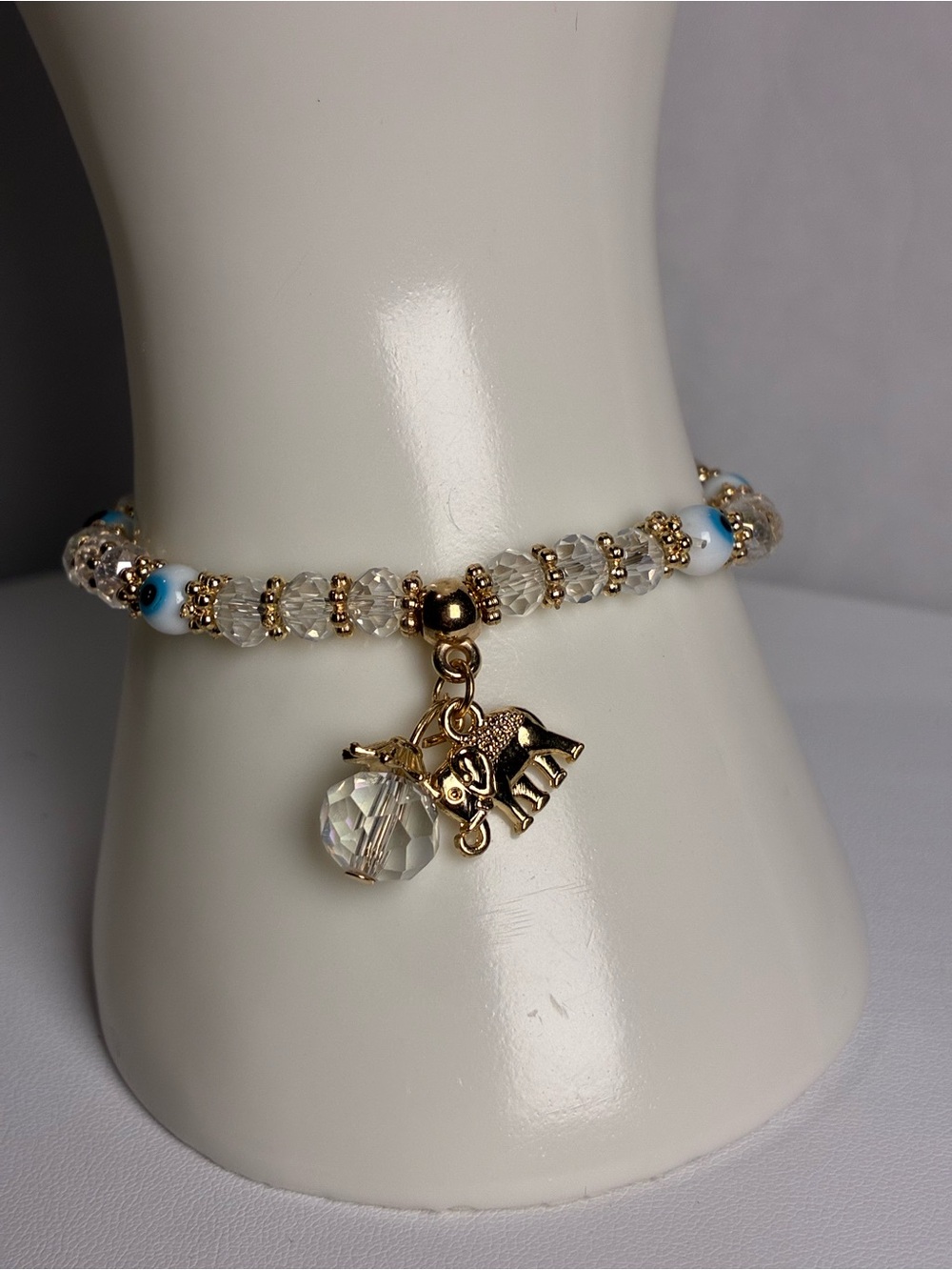Gold Elephant Charm Evil Eye Beaded Bracelet in Clear and Blue New Without Tags